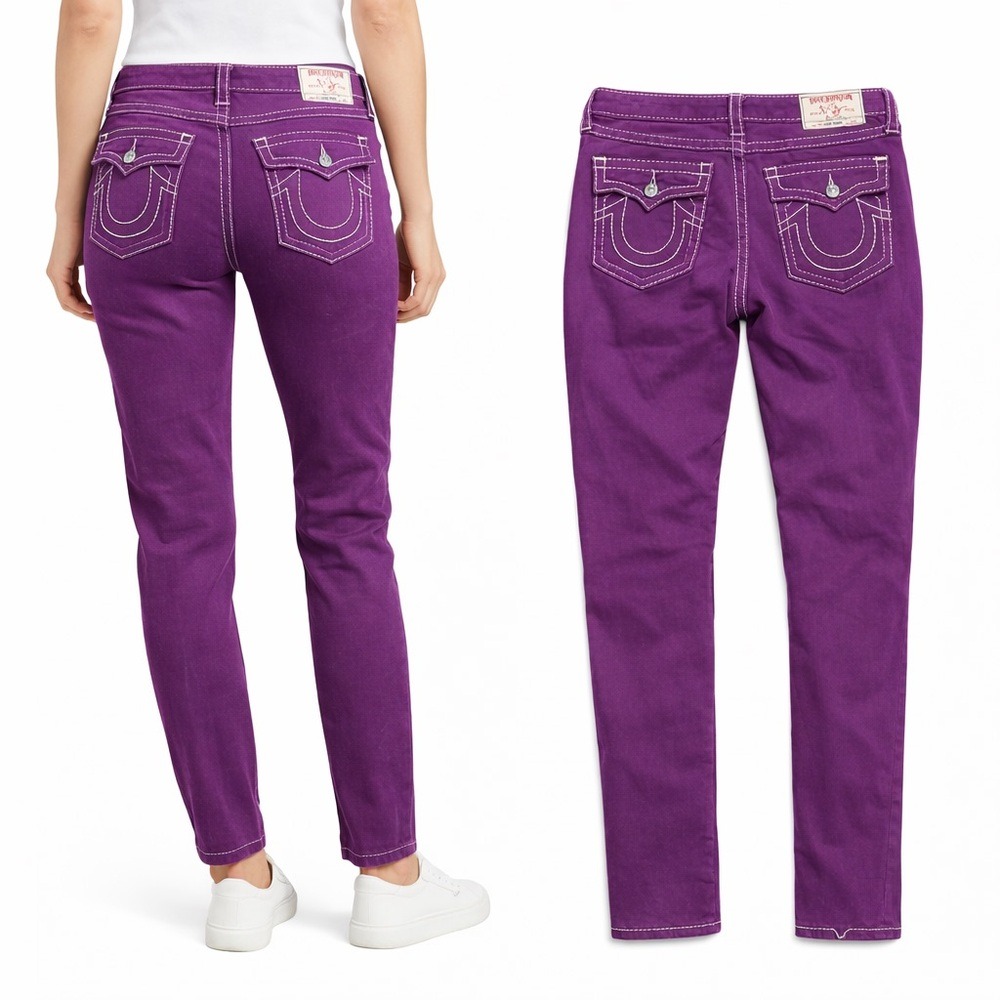 True Religion Purple Super Skinny Contrast Big T Stitch Jeans Size 31